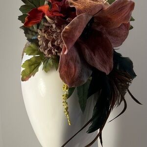 Pink and Orange Faux Floral Accent with Dramatic Feathers and Natural Textures